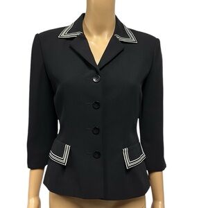 Vintage David Warren Petites Black White 3 Quarter Slit Sleeve Blazer Jacket 6P